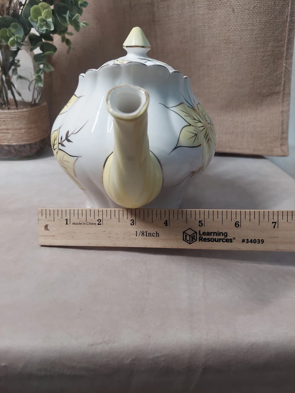 Vintage Royal Sealy Japan Yellow Leaf & Gold Trim Fluted Ceramic Teapot with Lid